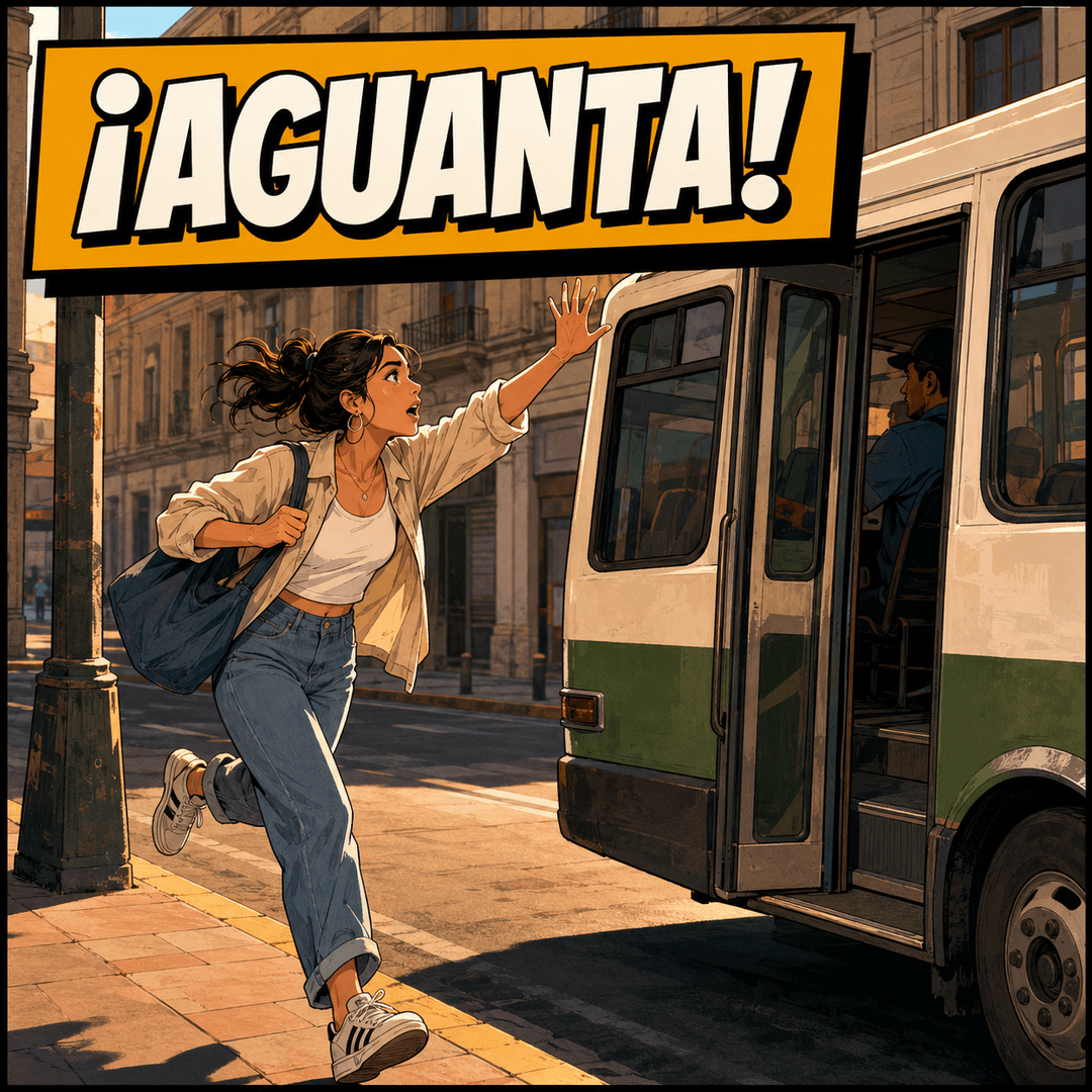 ¡aguanta! — Mexican Spanish for Hold on. Wait a sec. Hang in there.